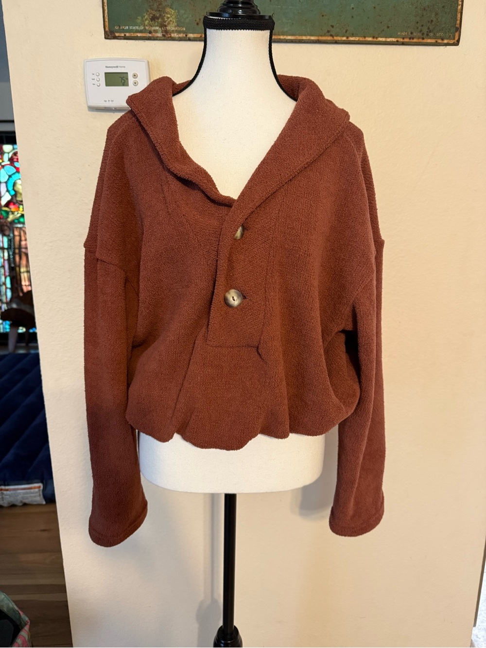Free People Beach Bino Pullover Sweater Rust Brown Button Up Crop Slouchy S